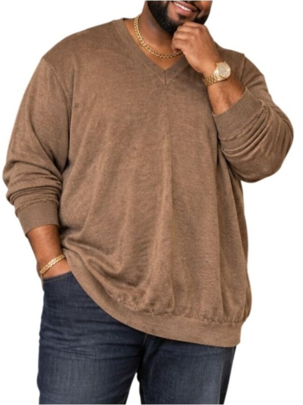 Toscano Mens Size 2XT Sweater V-Neck Merino Wool Brown Long Sleeve